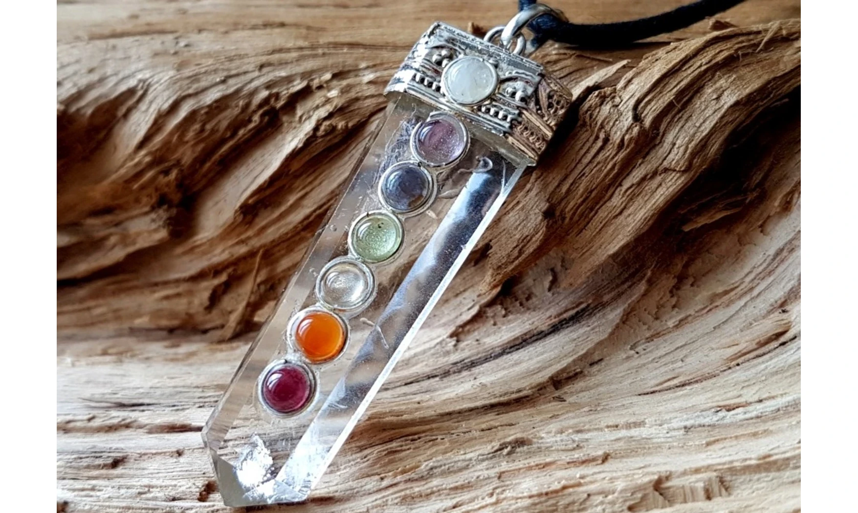 Cristal roche Pointe 7Chakras pendentif